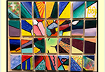 graphic of colorful tiles that make an image of hand holding paintbrush 